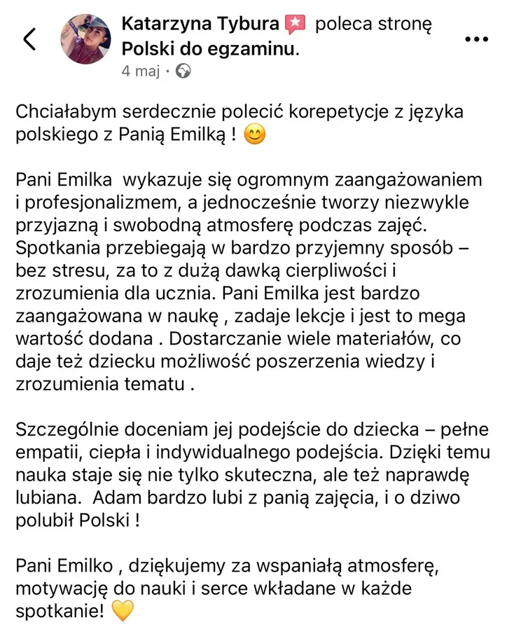 Opinia rodzica lub ucznia po egzaminie – zrzut ekranu wiadomości