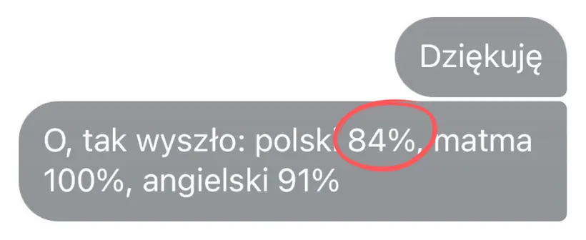 Opinia rodzica lub ucznia po egzaminie – zrzut ekranu wiadomości