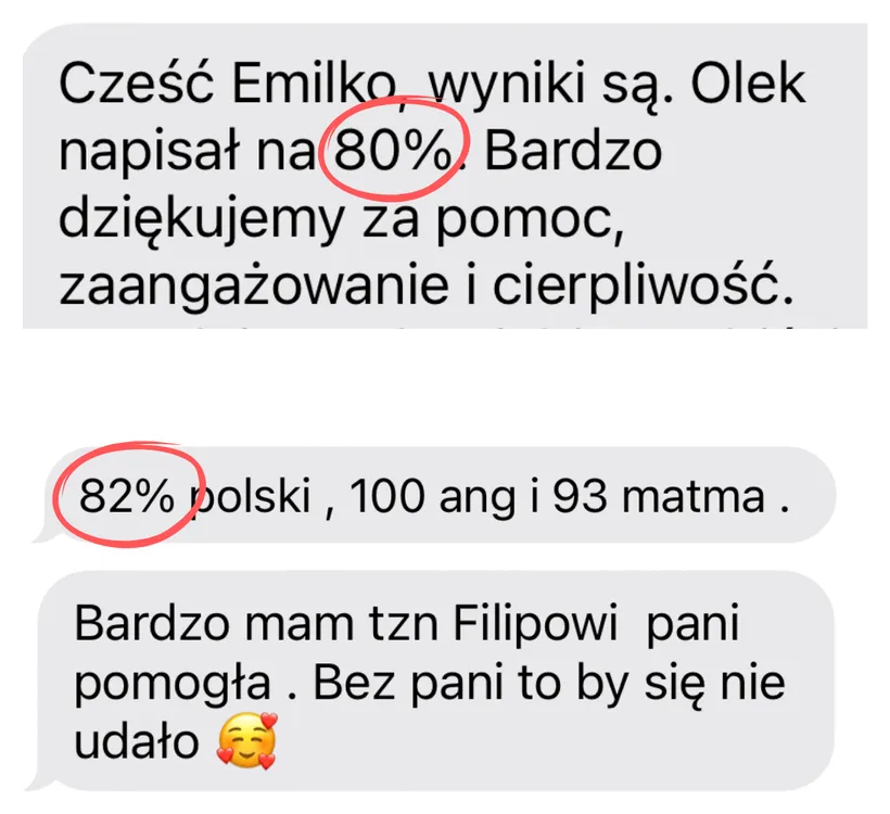 Opinia rodzica lub ucznia po egzaminie – zrzut ekranu wiadomości