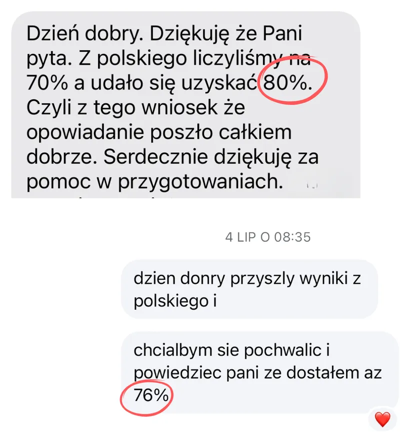 Opinia rodzica lub ucznia po egzaminie – zrzut ekranu wiadomości