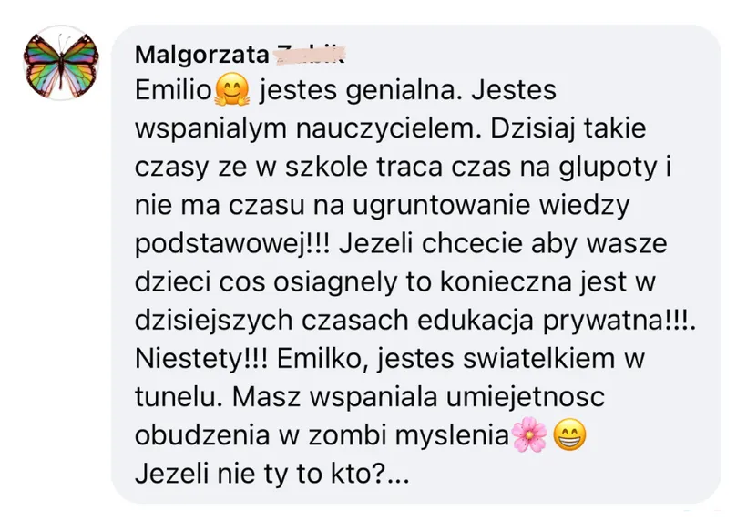 Opinia rodzica lub ucznia po egzaminie – zrzut ekranu wiadomości