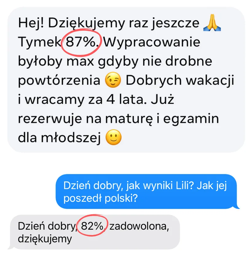 Opinia rodzica lub ucznia po egzaminie – zrzut ekranu wiadomości