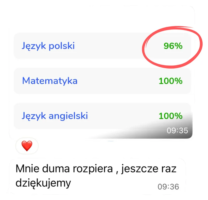 Opinia rodzica lub ucznia po egzaminie – zrzut ekranu wiadomości