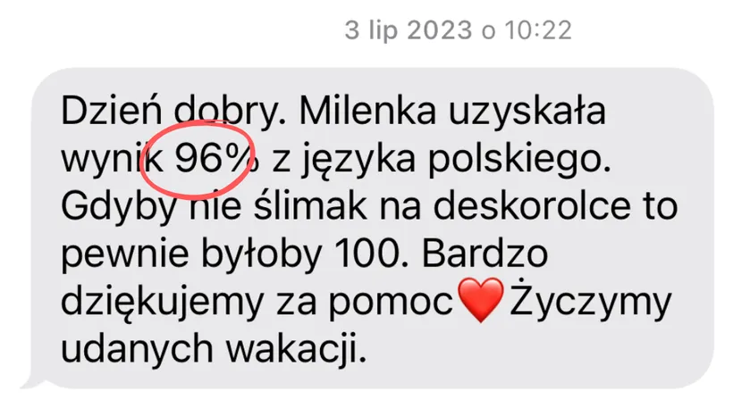 Opinia rodzica lub ucznia po egzaminie – zrzut ekranu wiadomości