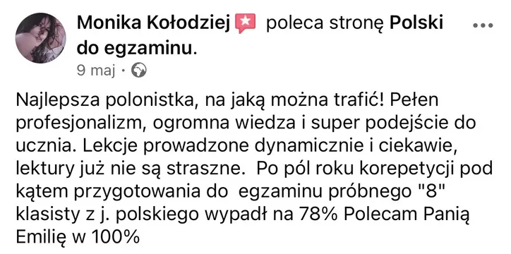 Opinia rodzica lub ucznia po egzaminie – zrzut ekranu wiadomości
