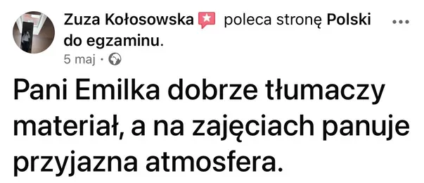 Opinia rodzica lub ucznia po egzaminie – zrzut ekranu wiadomości