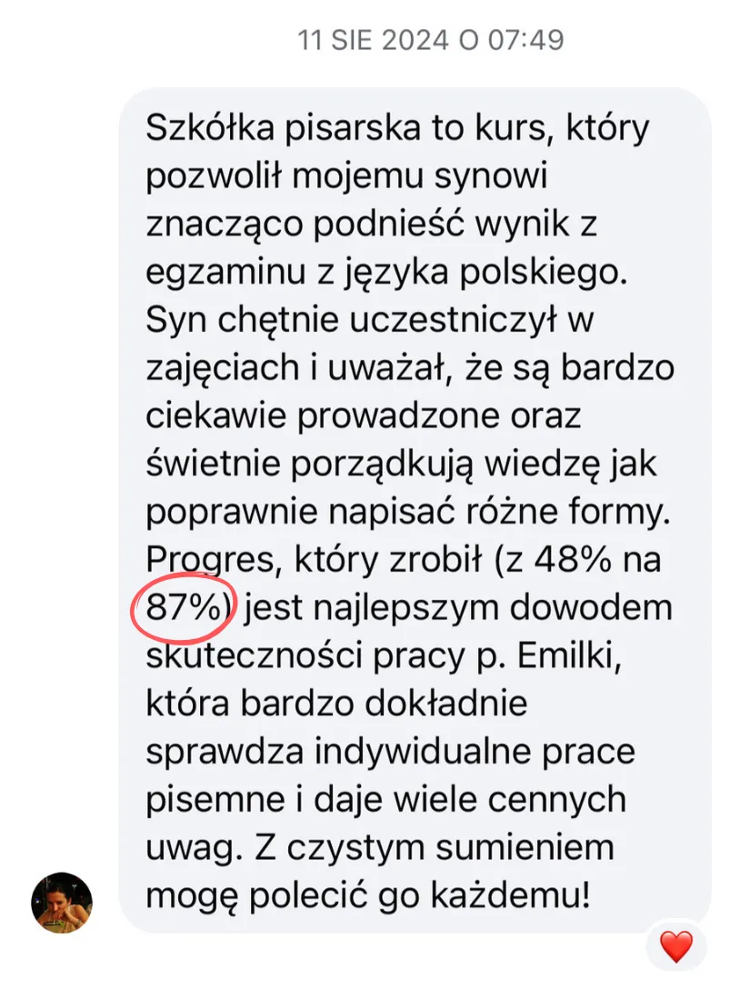 Opinia rodzica lub ucznia po egzaminie – zrzut ekranu wiadomości